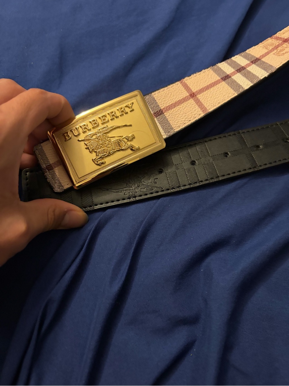 Burberry Beige Plaid Canvas Belt with Gold Logo Buckle - Picture 6 of 7